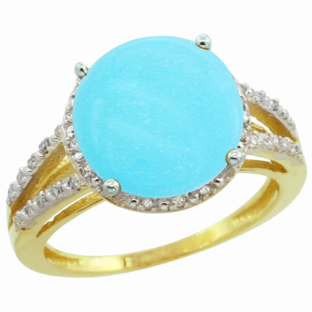 14K Yellow Gold Diamond Natural Turquoise Ring Round 11mm, sizes 5-10