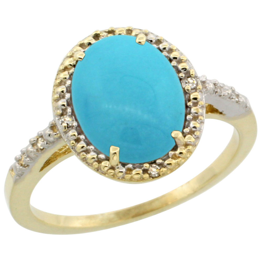 10K Yellow Gold Natural Diamond Sleeping Beauty Turquoise Engagement Ring Oval 10x8mm, sizes 5-10