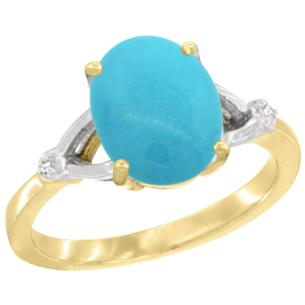 14K Yellow Gold Natural Diamond Sleeping Beauty Turquoise Engagement Ring Oval 10x8mm, sizes 5-10