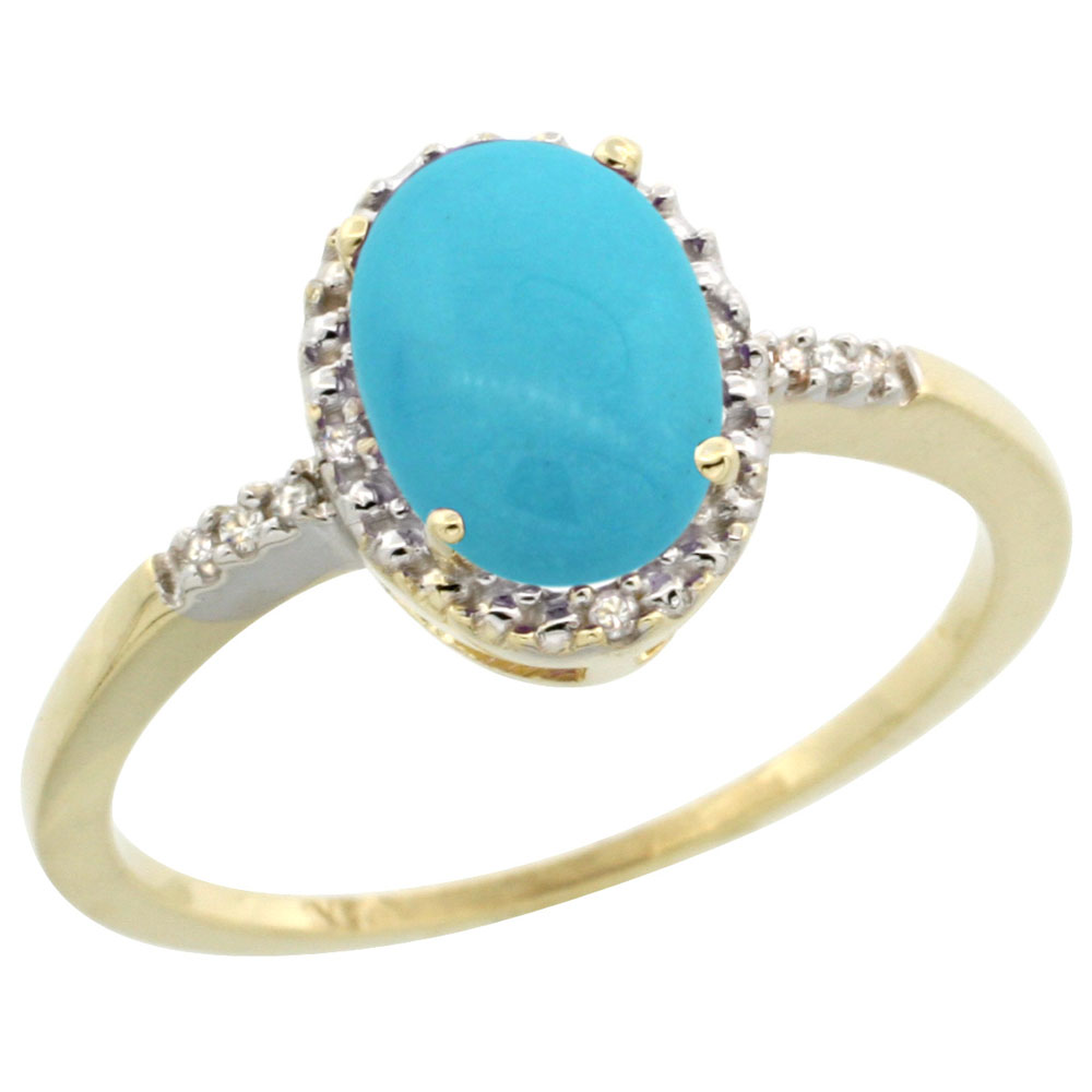 14K Yellow Gold Natural Diamond Sleeping Beauty Turquoise Ring Oval 8x6mm, sizes 5-10