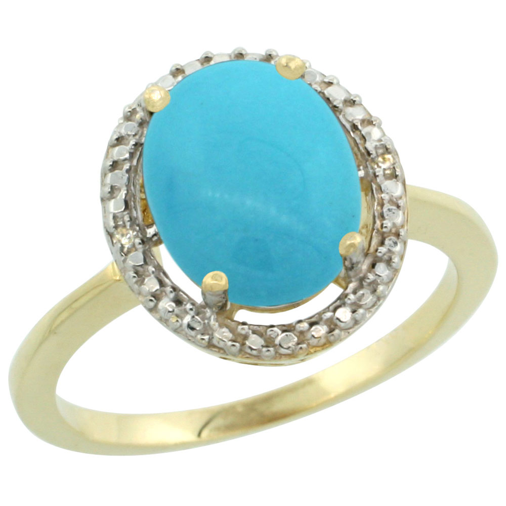 14K Yellow Gold Natural Diamond Sleeping Beauty Turquoise Engagement Ring Oval 10x8mm, sizes 5-10