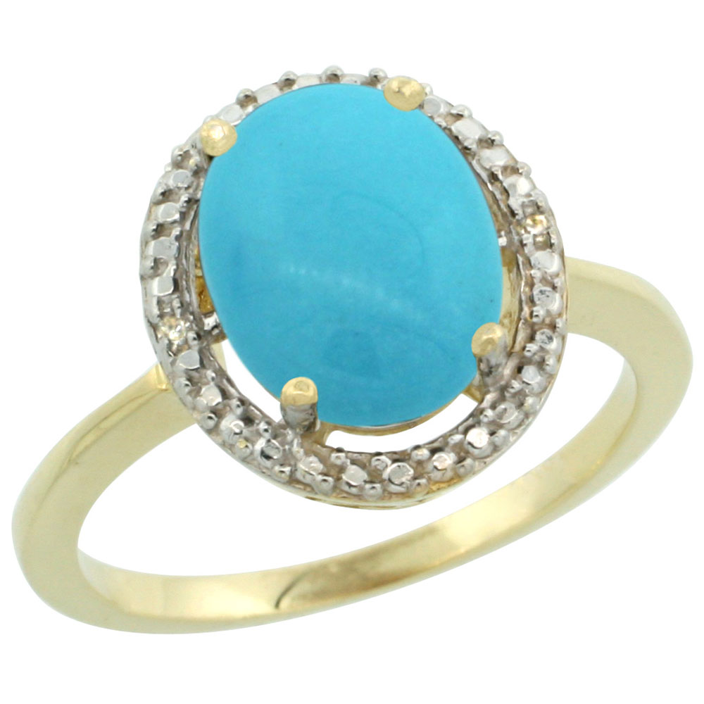 10K Yellow Gold Natural Diamond Sleeping Beauty Turquoise Engagement Ring Oval 10x8mm, sizes 5-10