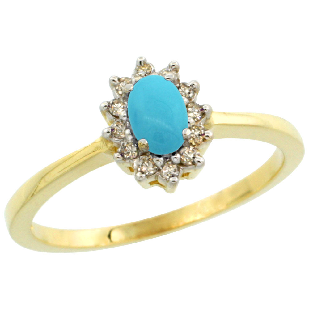 10k Yellow Gold Natural Turquoise Ring Oval 5x3mm Diamond Halo, sizes 5-10