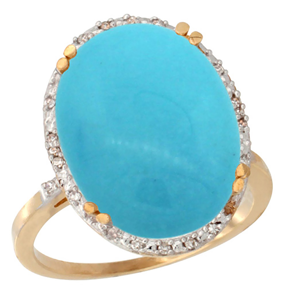 10k Yellow Gold Natural Turquoise Ring Large Oval 18x13mm Diamond Halo, sizes 5-10
