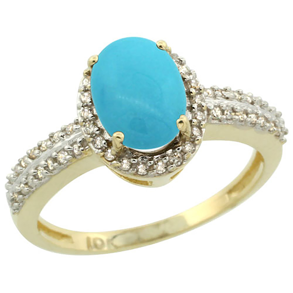 10k Yellow Gold Natural Turquoise Ring Oval 8x6mm Diamond Halo, sizes 5-10