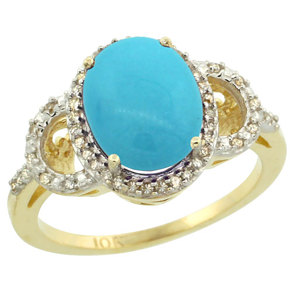 14K Yellow Gold Natural Diamond Sleeping Beauty Turquoise Engagement Ring Oval 10x8mm, sizes 5-10