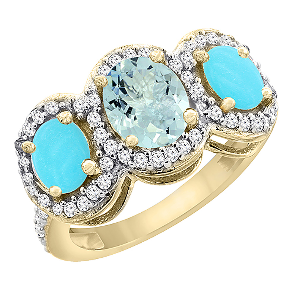 14K Yellow Gold Natural Aquamarine &amp; Turquoise 3-Stone Ring Oval Diamond Accent, sizes 5 - 10