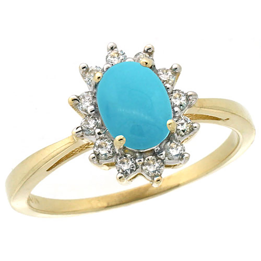 10k Yellow Gold Natural Turquoise Engagement Ring Oval 7x5mm Diamond Halo, sizes 5-10