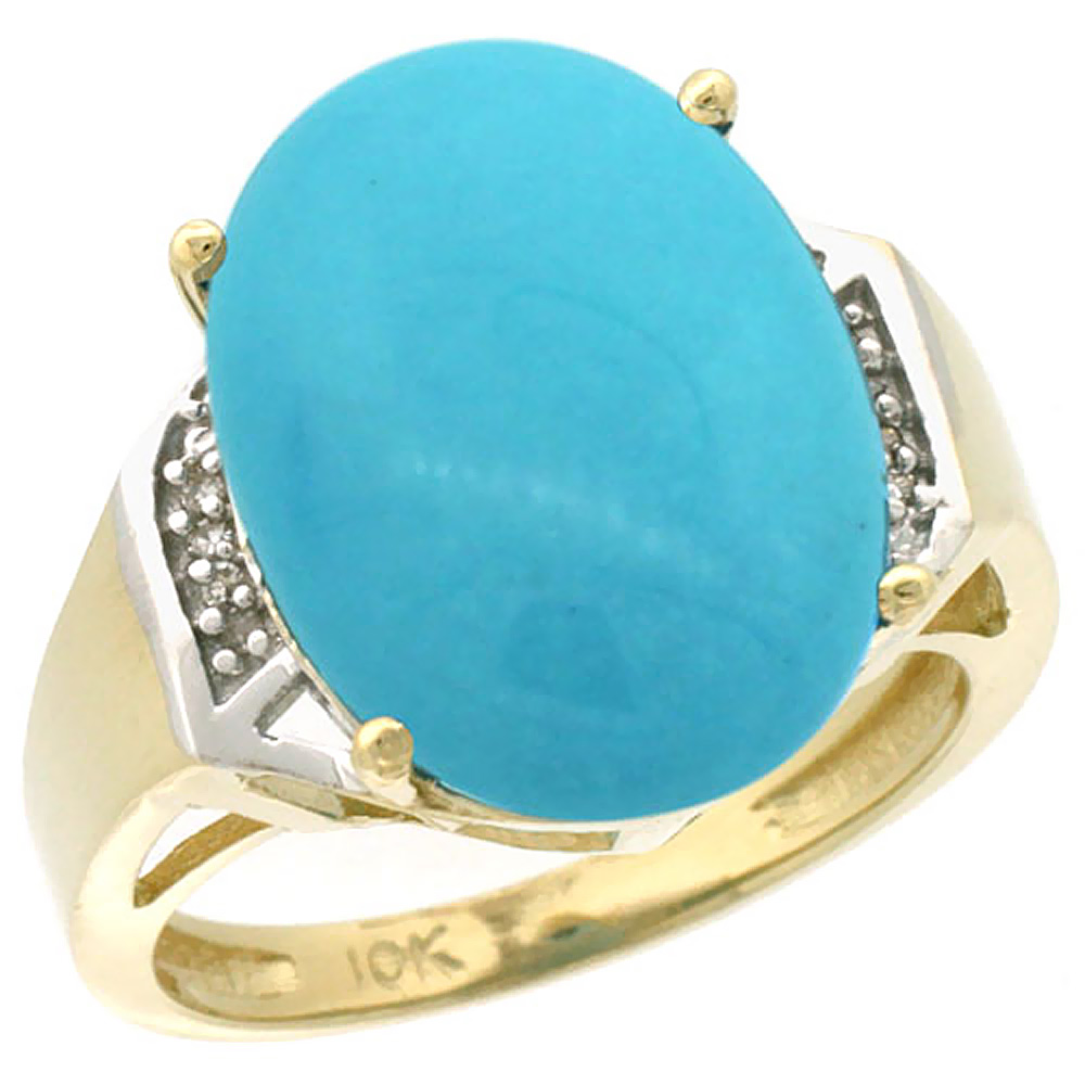 10K Yellow Gold Natural Diamond Sleeping Beauty Turquoise Ring Oval 16x12mm, sizes 5-10