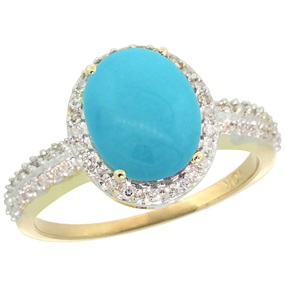 14K Yellow Gold Natural Diamond Sleeping Beauty Turquoise Engagement Ring Oval 10x8mm, sizes 5-10