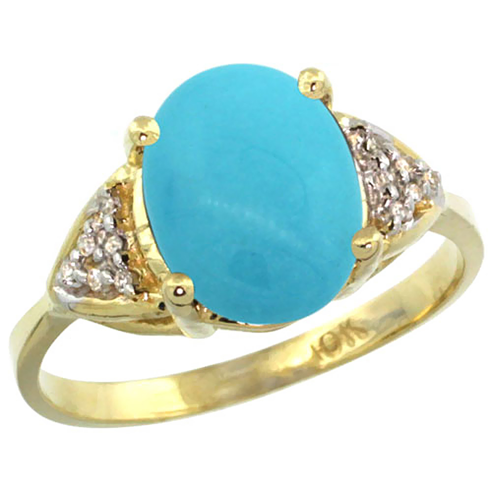 10K Yellow Gold Natural Diamond Sleeping Beauty Turquoise Engagement Ring Oval 10x8mm, sizes 5-10