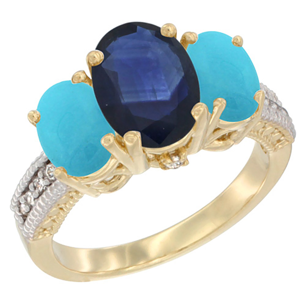 14K Yellow Gold Diamond Natural Turquoise 8x6mm &amp; 7x5mm Quality Blue Sapphire Oval 3-stone Ring,sz5-10