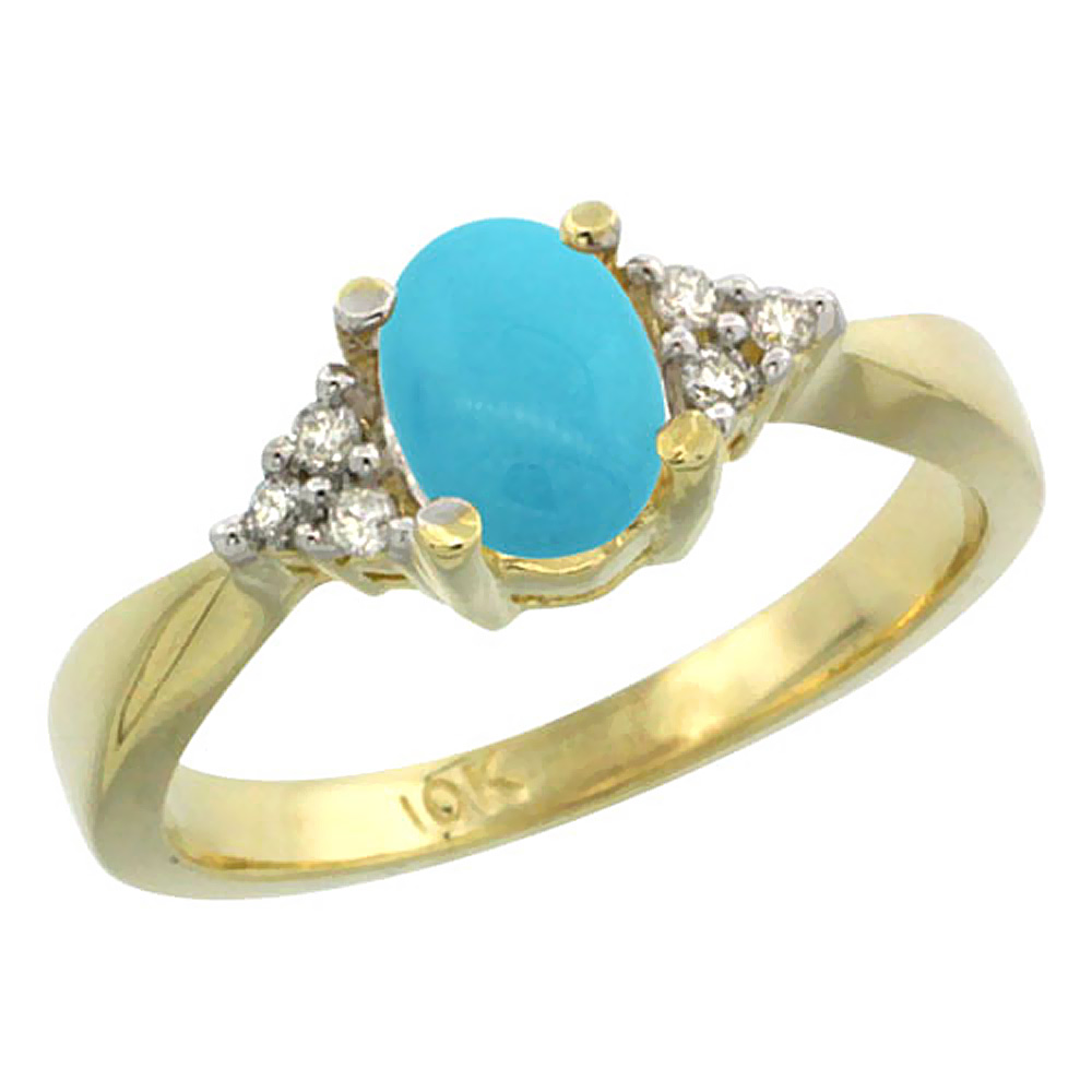 10K Yellow Gold Diamond Natural Turquoise Engagement Ring Oval 7x5mm, sizes 5-10