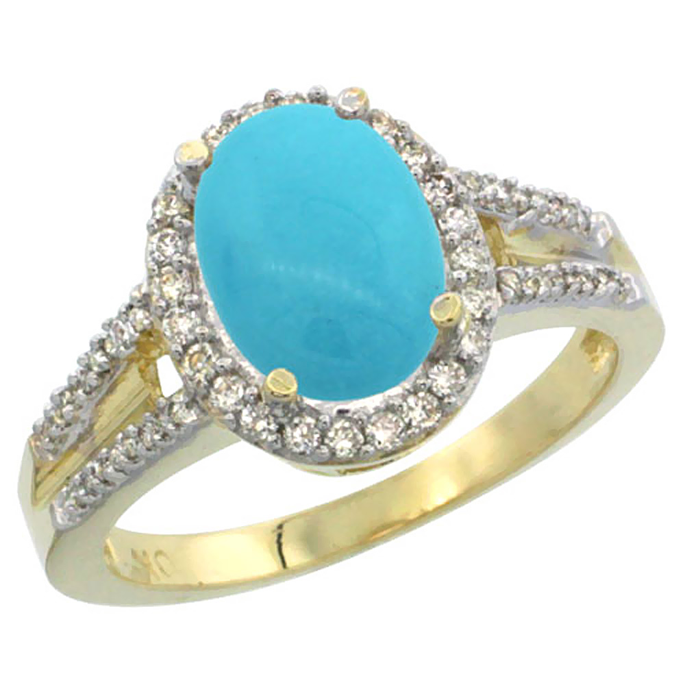 10K Yellow Gold Natural Diamond Sleeping Beauty Turquoise Engagement Ring Oval 10x8mm, sizes 5-10