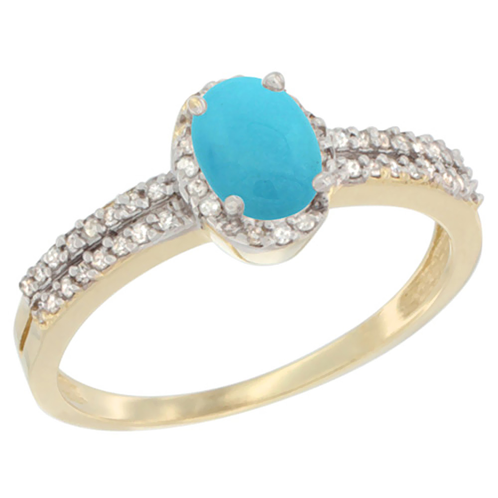 14K Yellow Gold Natural Turquoise Ring Oval 6x4mm Diamond Accent, sizes 5-10