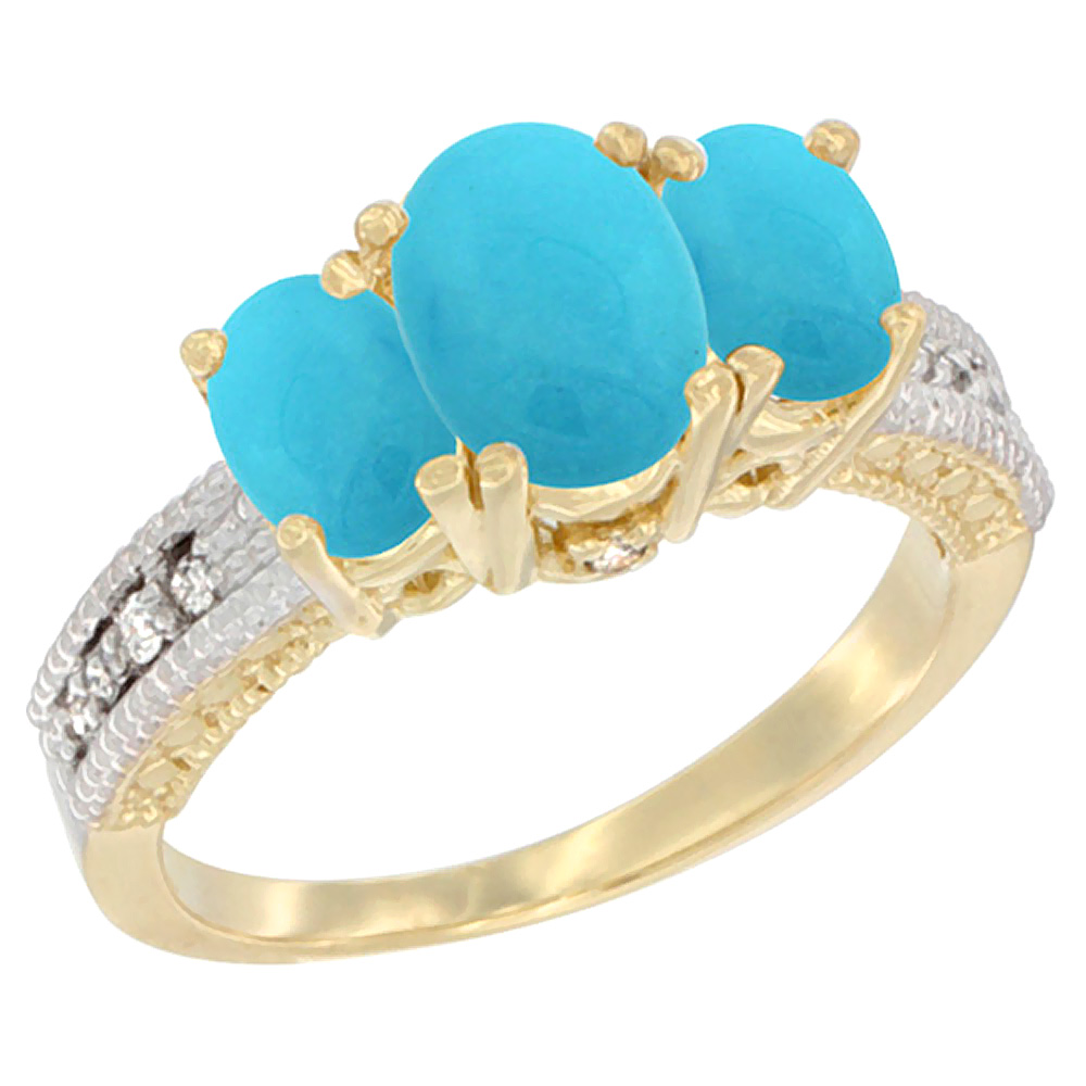 14K Yellow Gold Diamond Natural Turquoise Ring Oval 3-stone, sizes 5 - 10