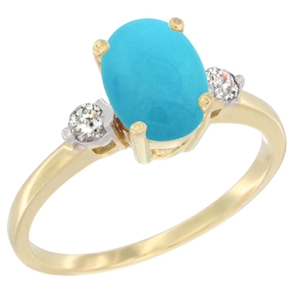 14K Yellow Gold Natural Turquoise Ring Oval 9x7 mm Diamond Accent, sizes 5 to 10