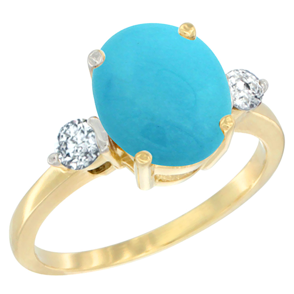 14K Yellow Gold 10x8mm Oval Natural Turquoise Ring for Women Diamond Side-stones sizes 5 - 10