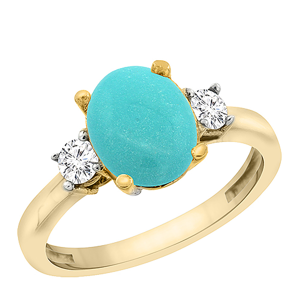 10K Yellow Gold Natural Turquoise Engagement Ring Oval 10x8 mm Diamond Sides, sizes 5 - 10
