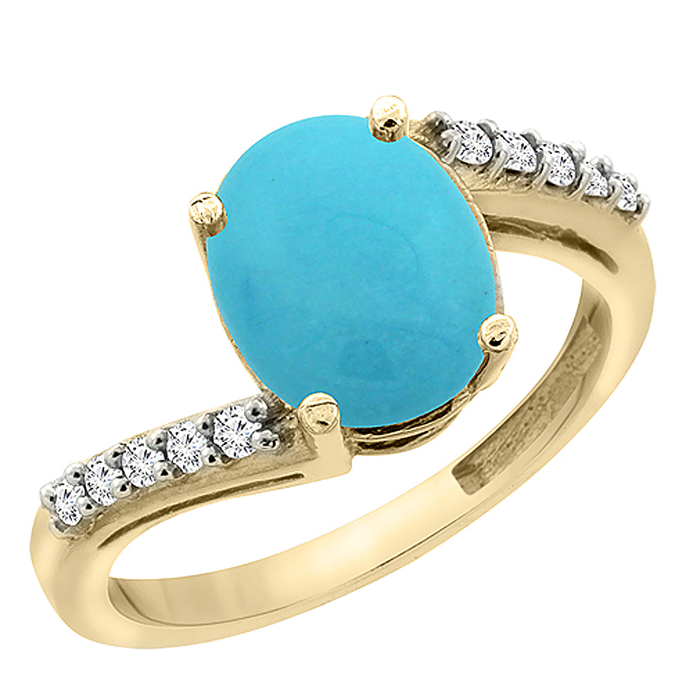 14K Yellow Gold Natural Diamond Sleeping Beauty Turquoise Engagement Ring Oval 10x8mm, sizes 5-10