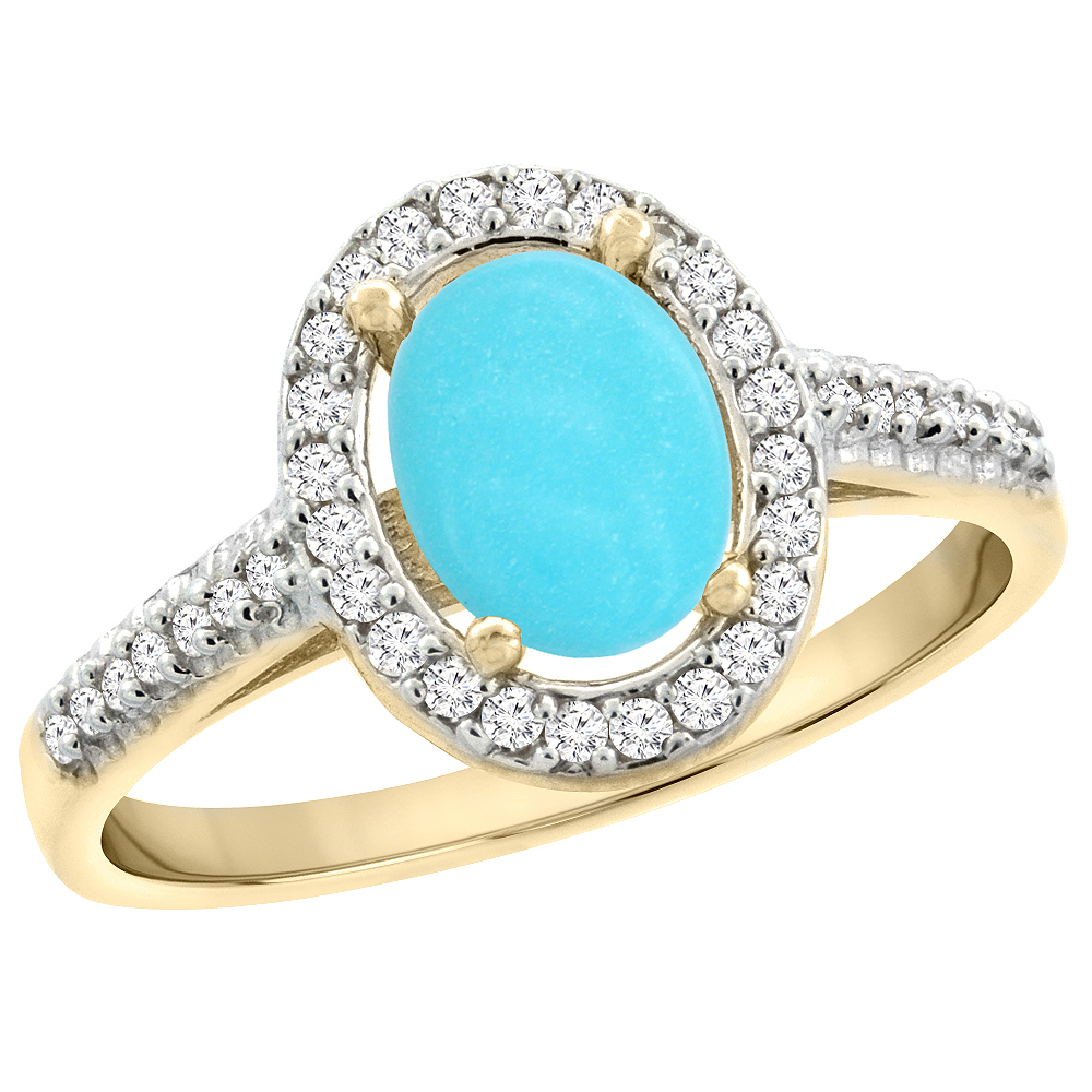 10K Yellow Gold Natural Turquoise Engagement Ring Oval 7x5 mm Diamond Halo, sizes 5 - 10