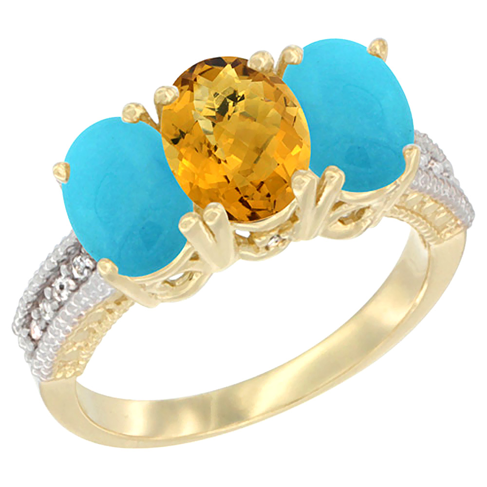 10K Yellow Gold Diamond Natural Whisky Quartz & Turquoise Ring 3-Stone 7x5 mm Oval, sizes 5 - 10