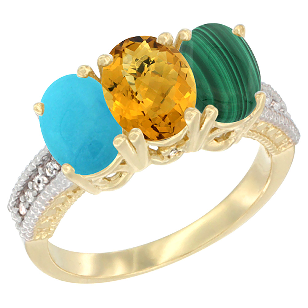 10K Yellow Gold Diamond Natural Turquoise, Whisky Quartz & Malachite Ring 3-Stone 7x5 mm Oval, sizes 5 - 10