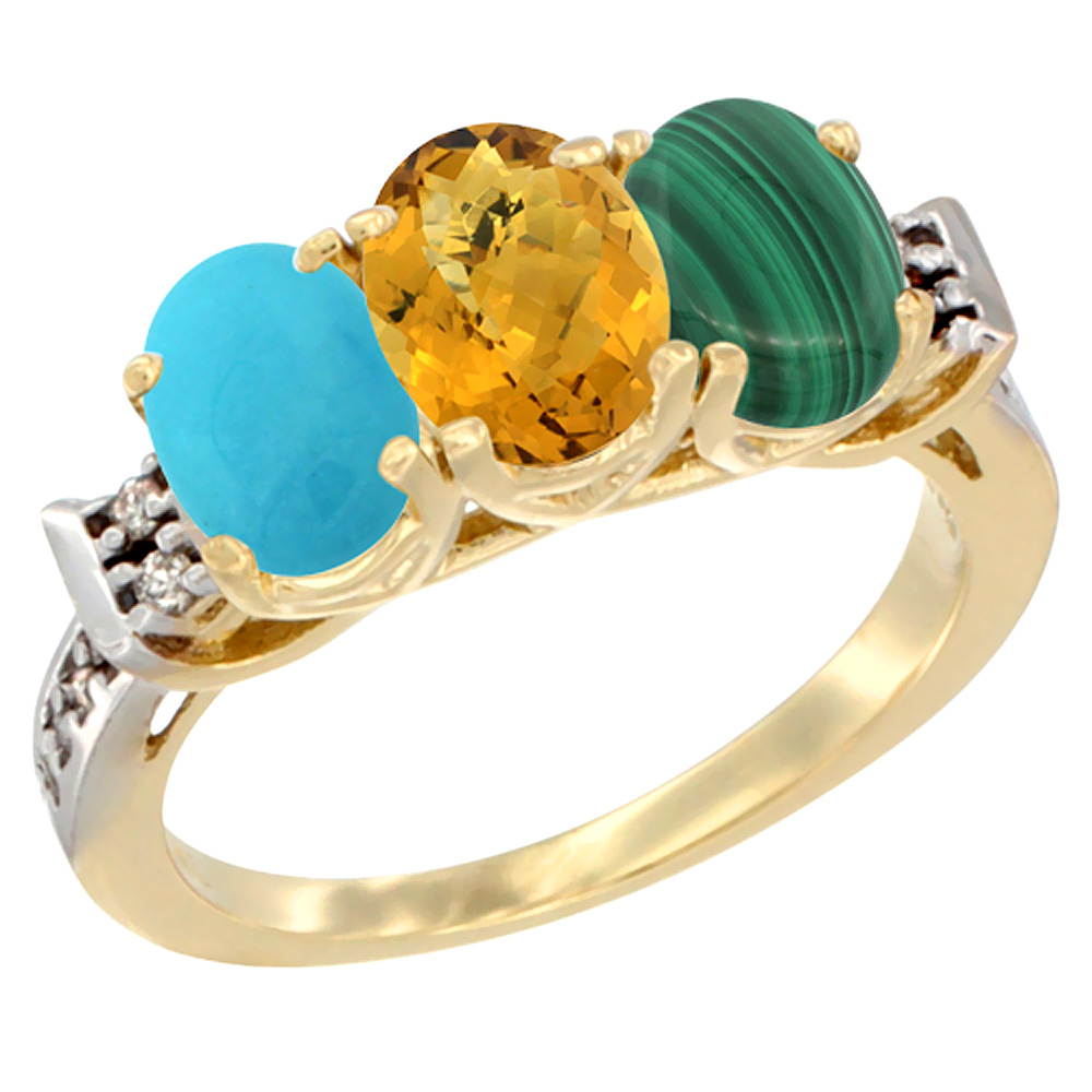 14K Yellow Gold Natural Turquoise, Whisky Quartz & Malachite Ring 3-Stone Oval 7x5 mm Diamond Accent, sizes 5 - 10