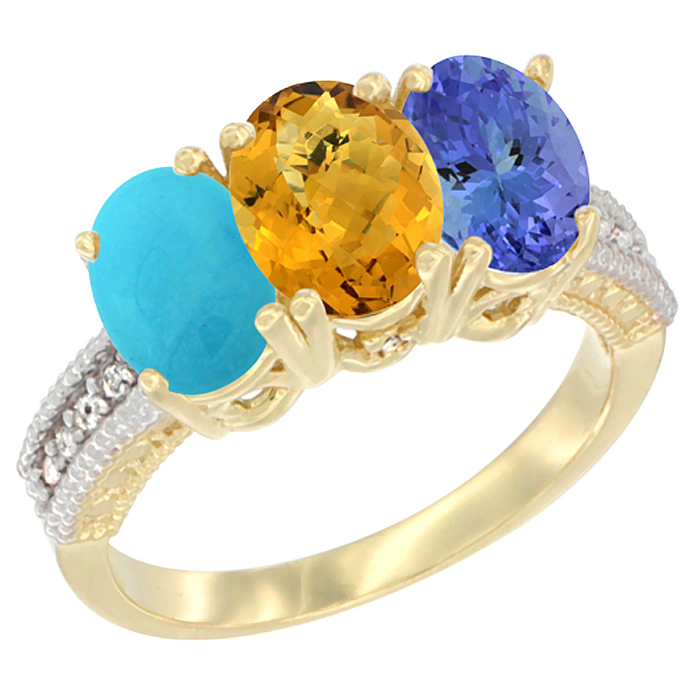 10K Yellow Gold Diamond Natural Turquoise, Whisky Quartz & Tanzanite Ring 3-Stone 7x5 mm Oval, sizes 5 - 10