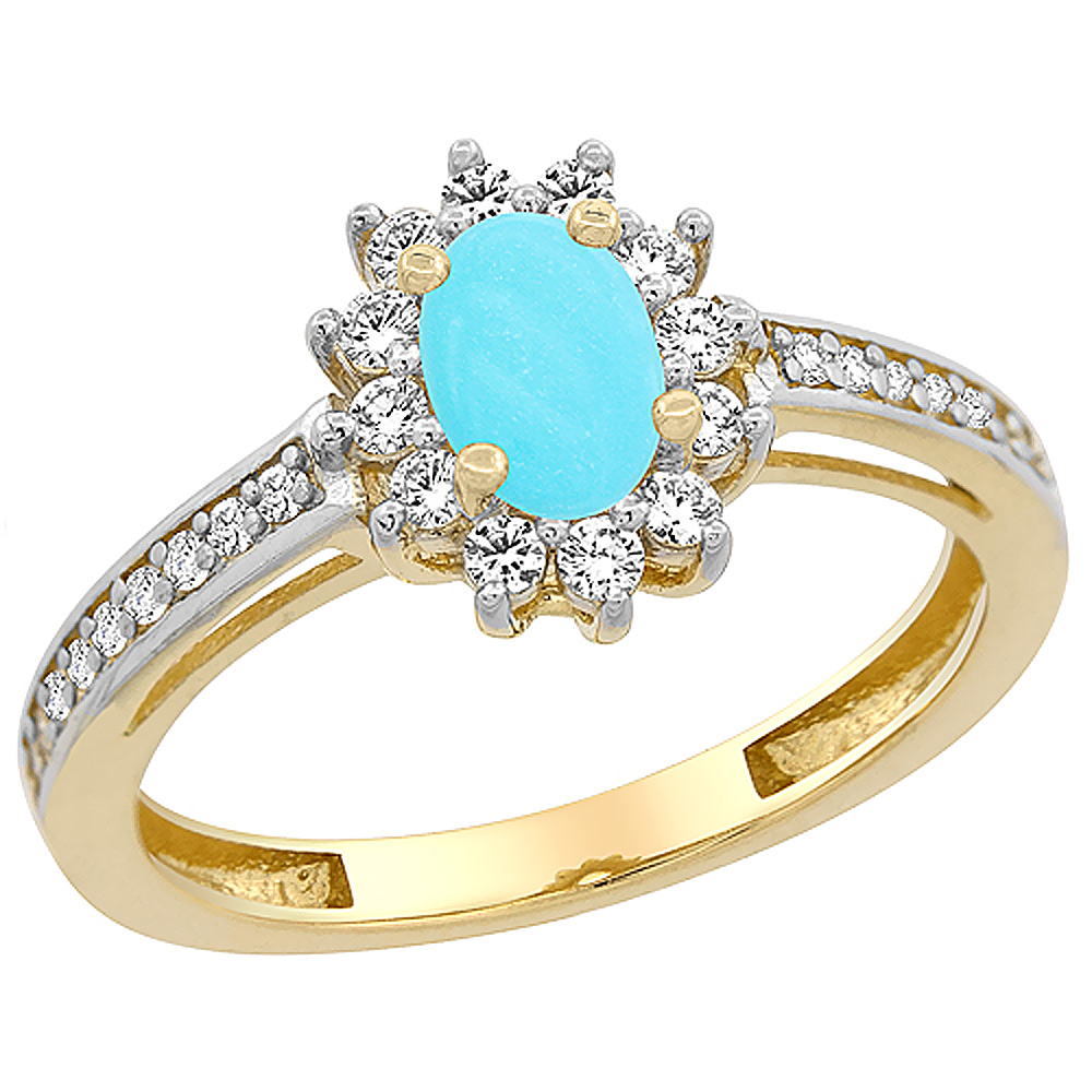 10K Yellow Gold Natural Turquoise Flower Halo Ring Oval 6x4 mm Diamond Accents, sizes 5 - 10