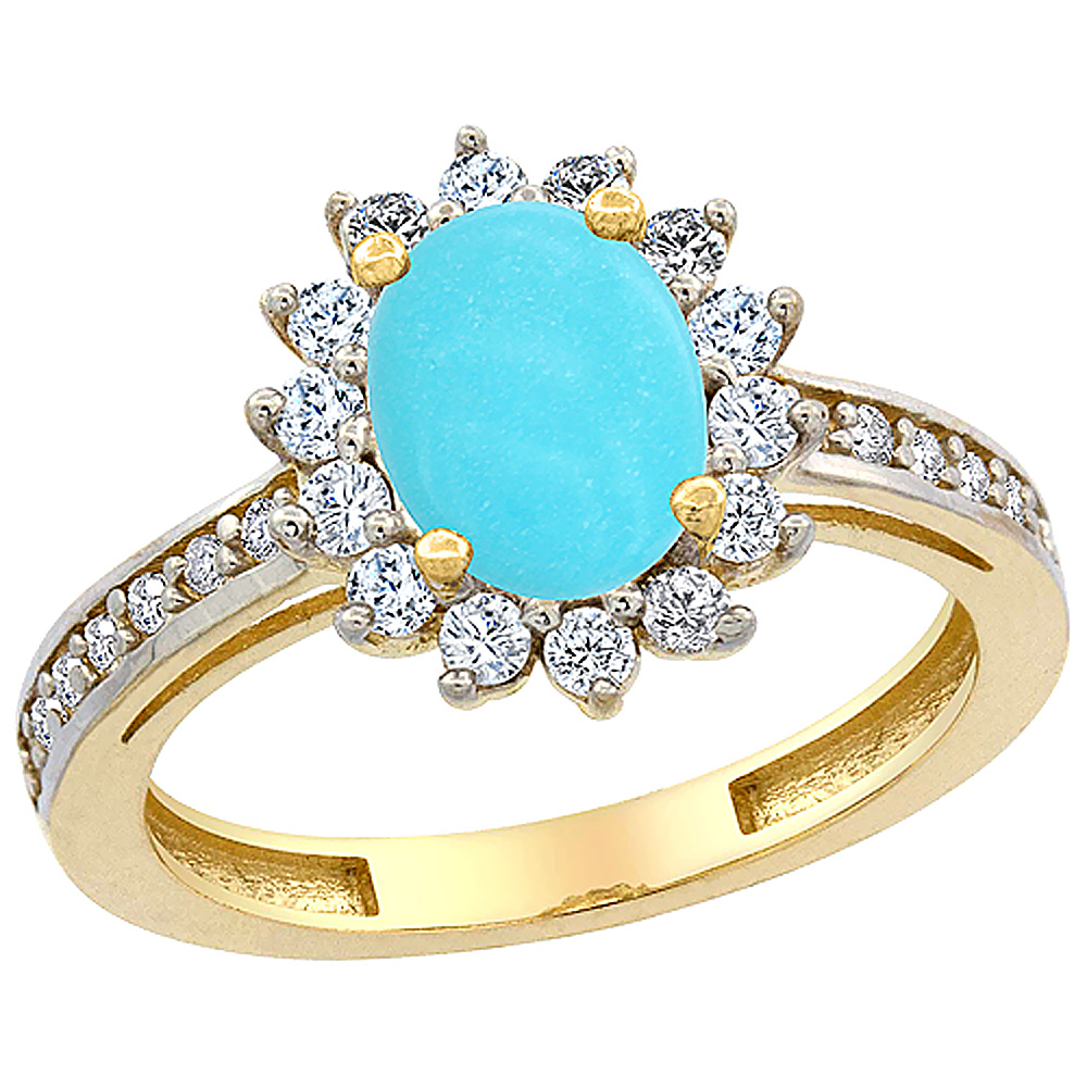 14K Yellow Gold Natural Turquoise Floral Halo Ring Oval 8x6mm Diamond Accents, sizes 5 - 10
