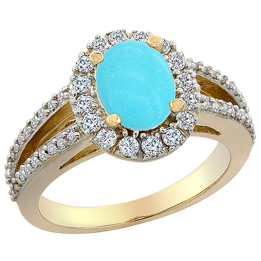 10K Yellow Gold Natural Turquoise Halo Ring Oval 8x6 mm with Diamond Accents, sizes 5 - 10