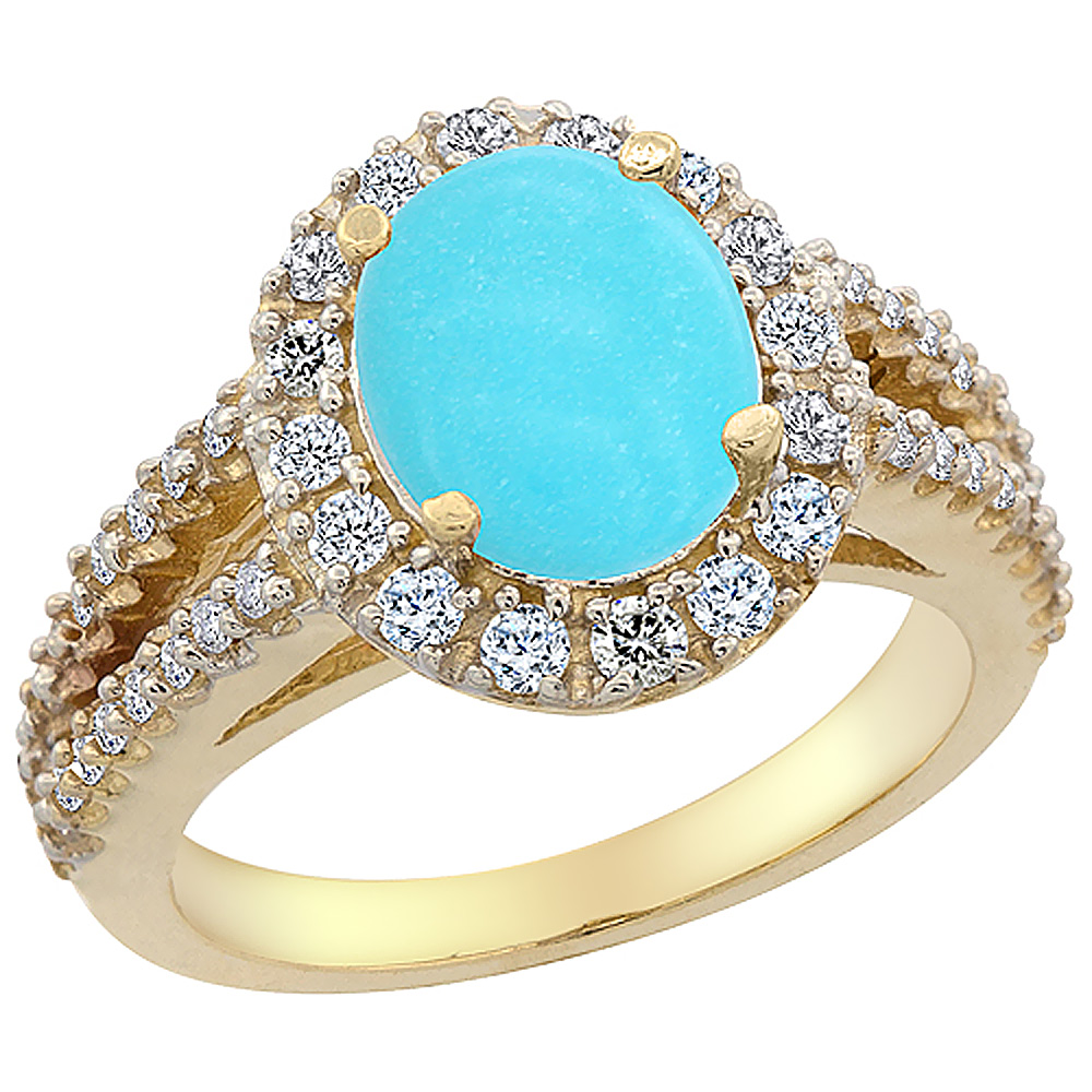 14K Yellow Gold Natural Diamond Sleeping Beauty Turquoise Engagement Ring Oval 10x8mm, sizes 5-10