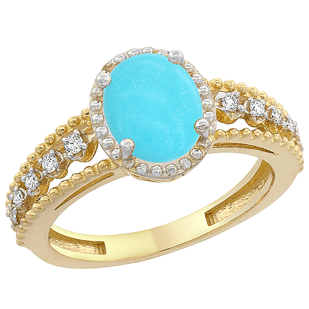 14K Yellow Gold Natural Turquoise Ring Oval 9x7 mm Floating Diamond Accents, sizes 5 - 10