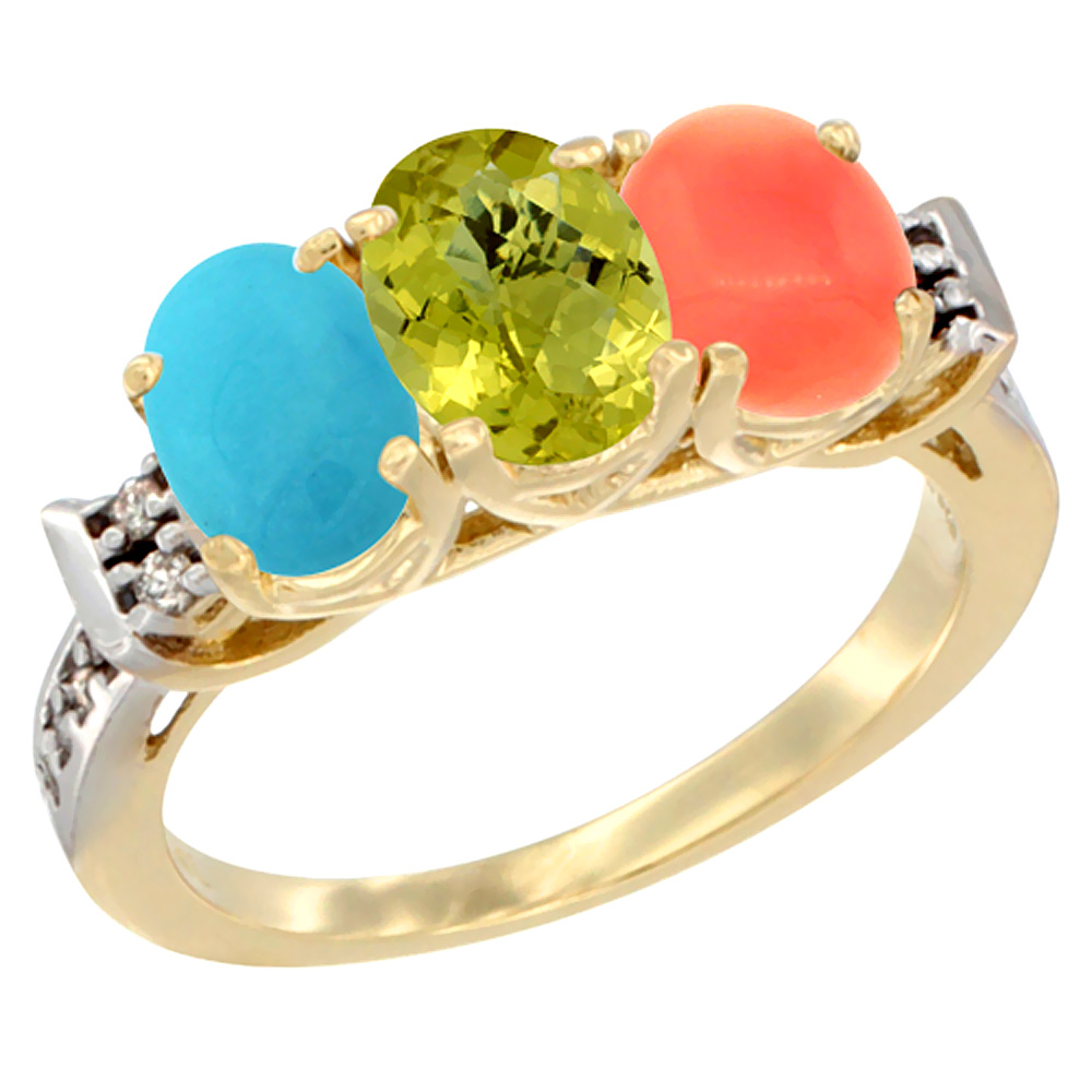 14K Yellow Gold Natural Turquoise, Lemon Quartz & Coral Ring 3-Stone Oval 7x5 mm Diamond Accent, sizes 5 - 10