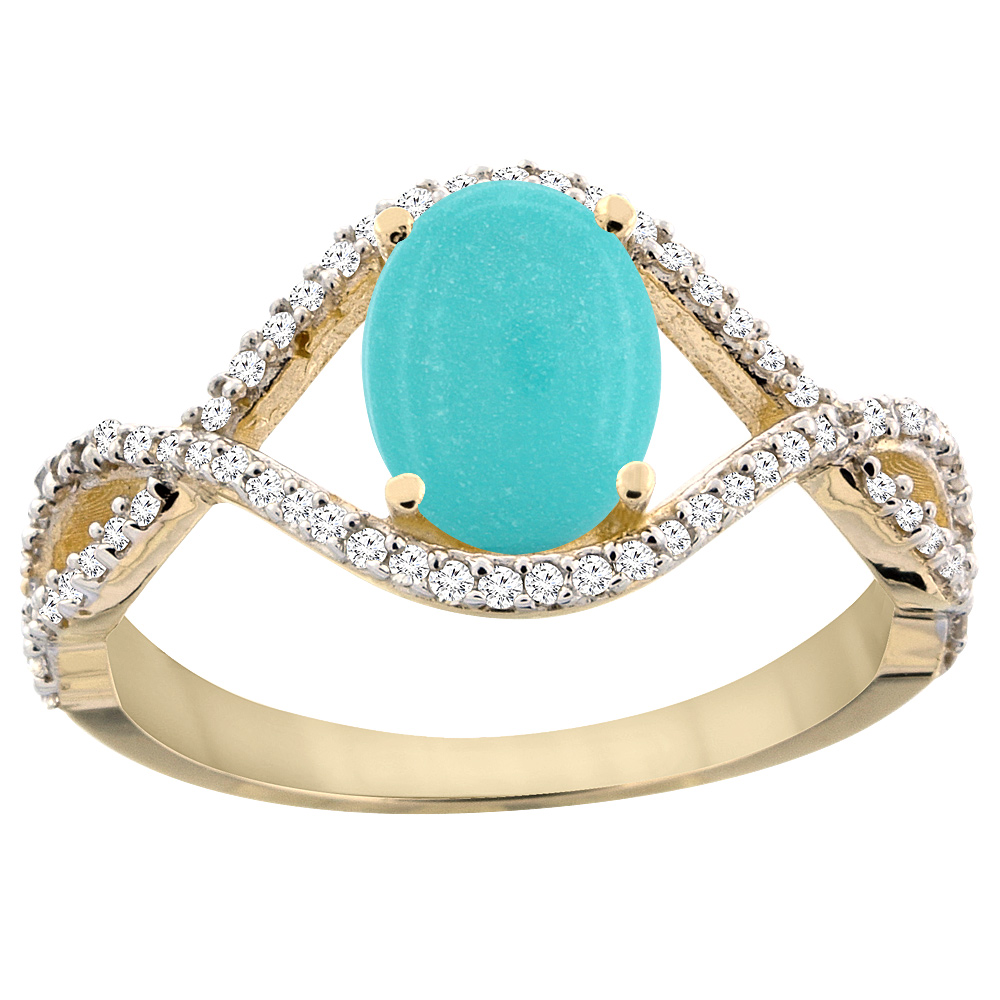 14K Yellow Gold Natural Turquoise Ring Oval 8x6 mm Infinity Diamond Accents, sizes 5 - 10