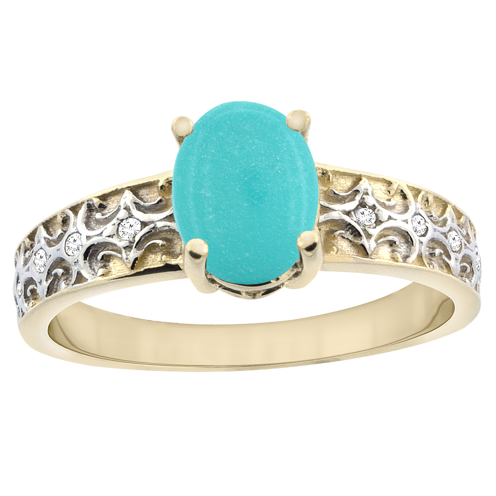 10K Yellow Gold Natural Turquoise Ring Oval 8x6 mm Diamond Accents, sizes 5 - 10