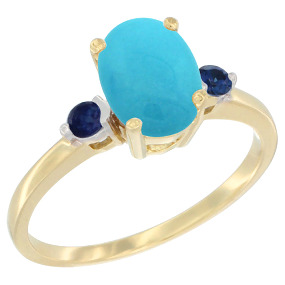 14K Yellow Gold Natural Turquoise Ring Oval 9x7 mm Blue Sapphire Accent, sizes 5 to 10