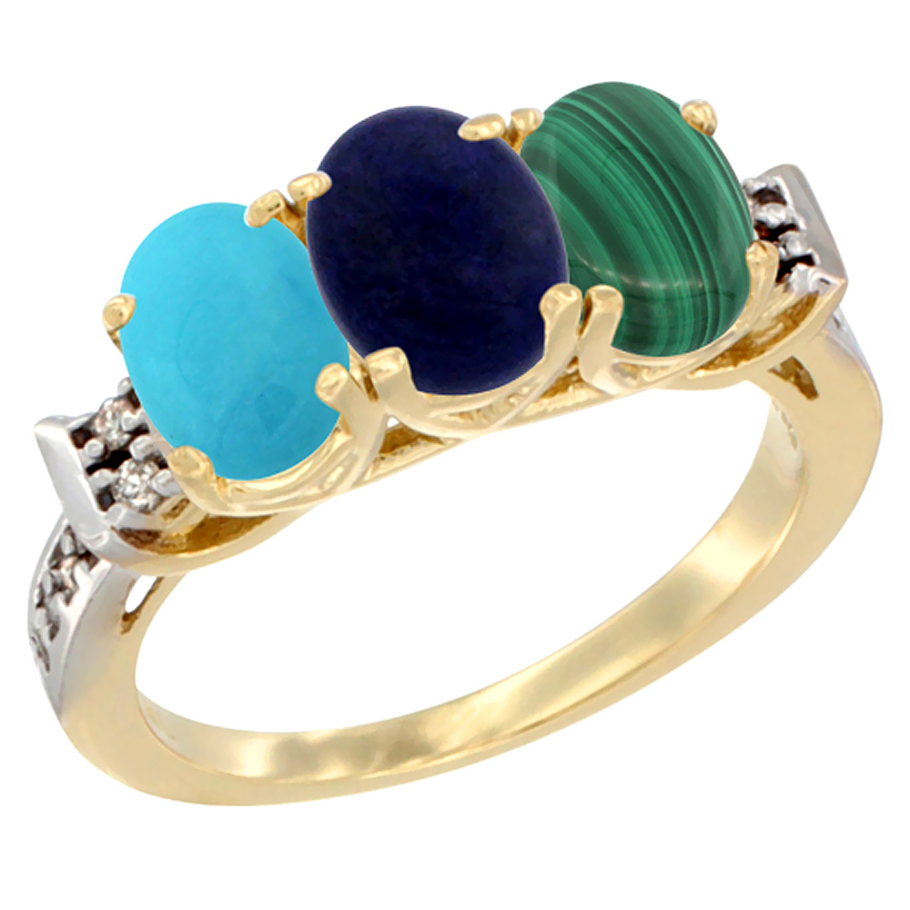 14K Yellow Gold Natural Turquoise, Lapis & Malachite Ring 3-Stone Oval 7x5 mm Diamond Accent, sizes 5 - 10