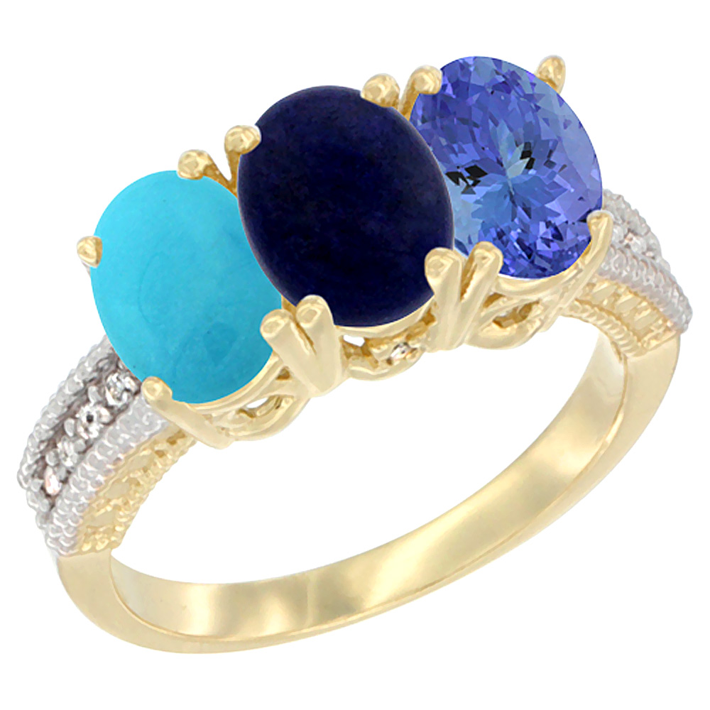 10K Yellow Gold Diamond Natural Turquoise, Lapis & Tanzanite Ring 3-Stone 7x5 mm Oval, sizes 5 - 10