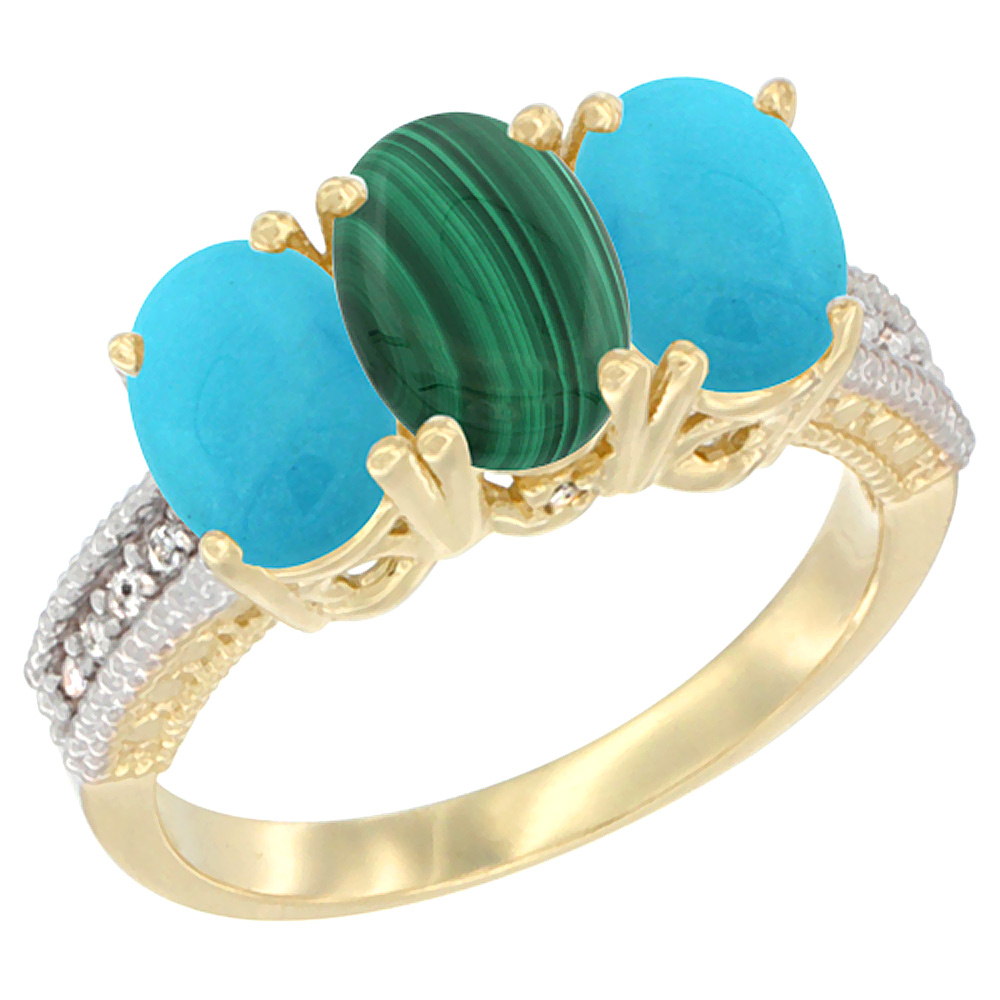 14K Yellow Gold Natural Malachite &amp; Turquoise Sides Ring 3-Stone 7x5 mm Oval Diamond Accent, sizes 5 - 10