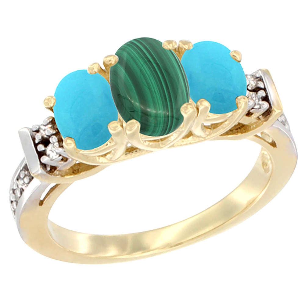 14K Yellow Gold Natural Malachite &amp; Turquoise Ring 3-Stone Oval Diamond Accent