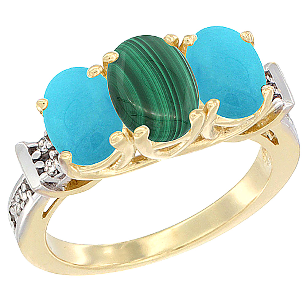 14K Yellow Gold Natural Malachite & Turquoise Sides Ring 3-Stone Oval Diamond Accent, sizes 5 - 10