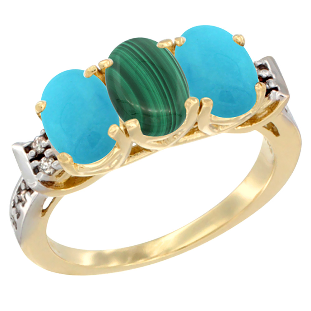 14K Yellow Gold Natural Malachite &amp; Turquoise Sides Ring 3-Stone Oval 7x5 mm Diamond Accent, sizes 5 - 10