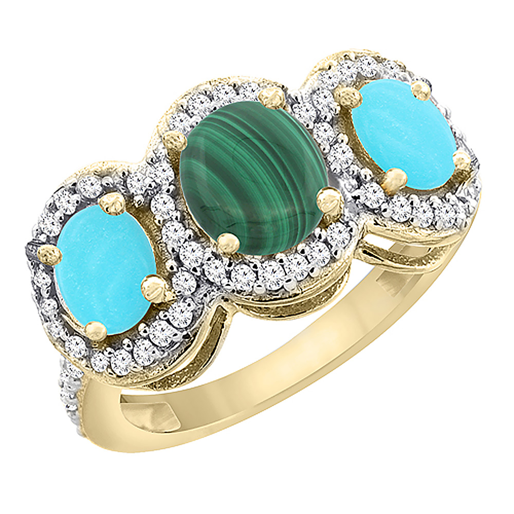 14K Yellow Gold Natural Malachite & Turquoise 3-Stone Ring Oval Diamond Accent, sizes 5 - 10