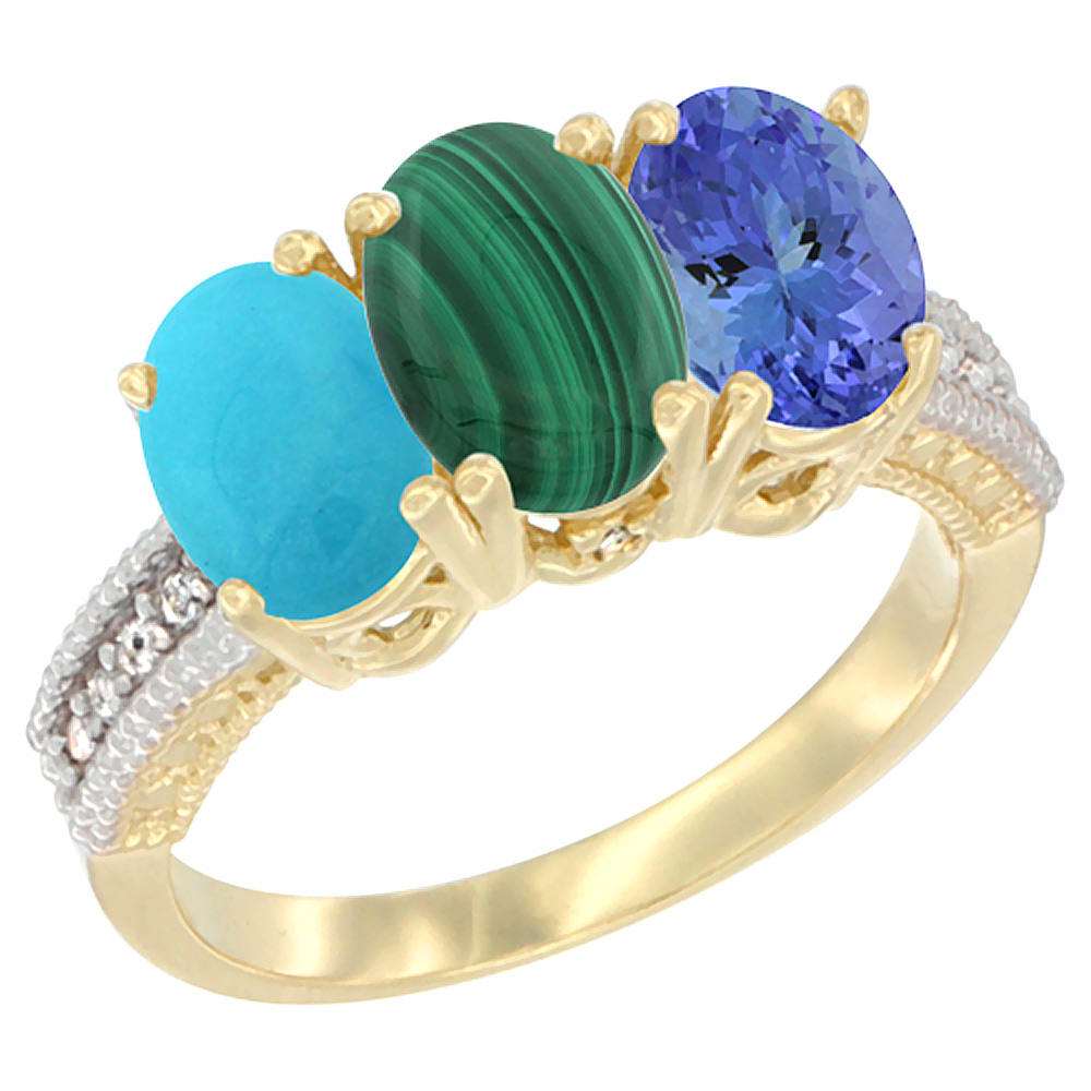 10K Yellow Gold Diamond Natural Turquoise, Malachite &amp; Tanzanite Ring 3-Stone 7x5 mm Oval, sizes 5 - 10