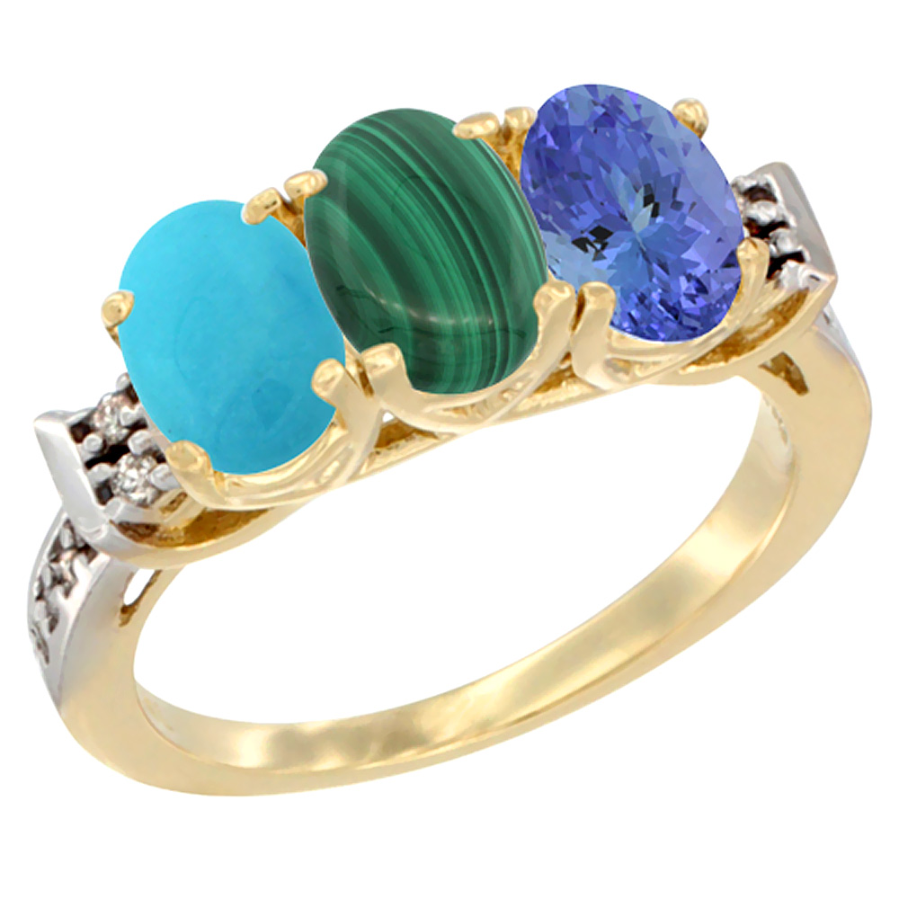 14K Yellow Gold Natural Turquoise, Malachite &amp; Tanzanite Ring 3-Stone Oval 7x5 mm Diamond Accent, sizes 5 - 10