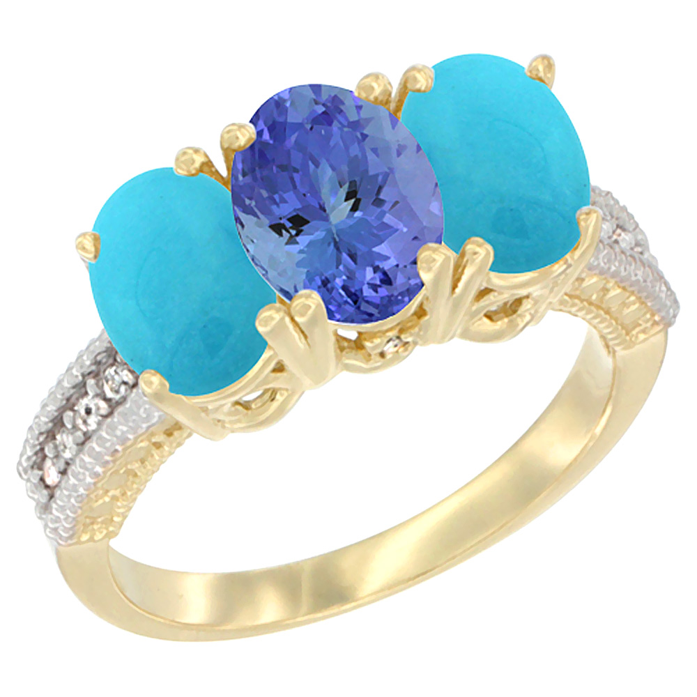 10K Yellow Gold Diamond Natural Tanzanite & Turquoise Ring 3-Stone 7x5 mm Oval, sizes 5 - 10