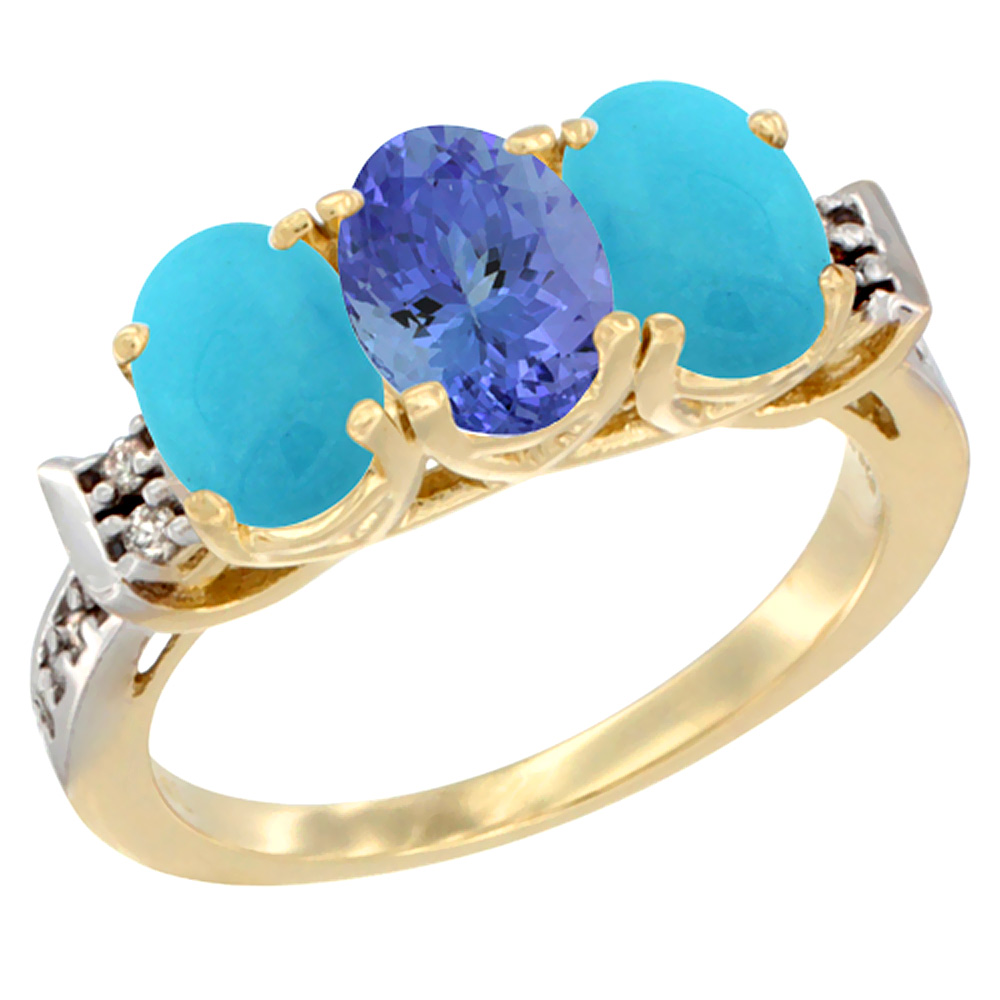 14K Yellow Gold Natural Tanzanite & Turquoise Sides Ring 3-Stone Oval 7x5 mm Diamond Accent, sizes 5 - 10