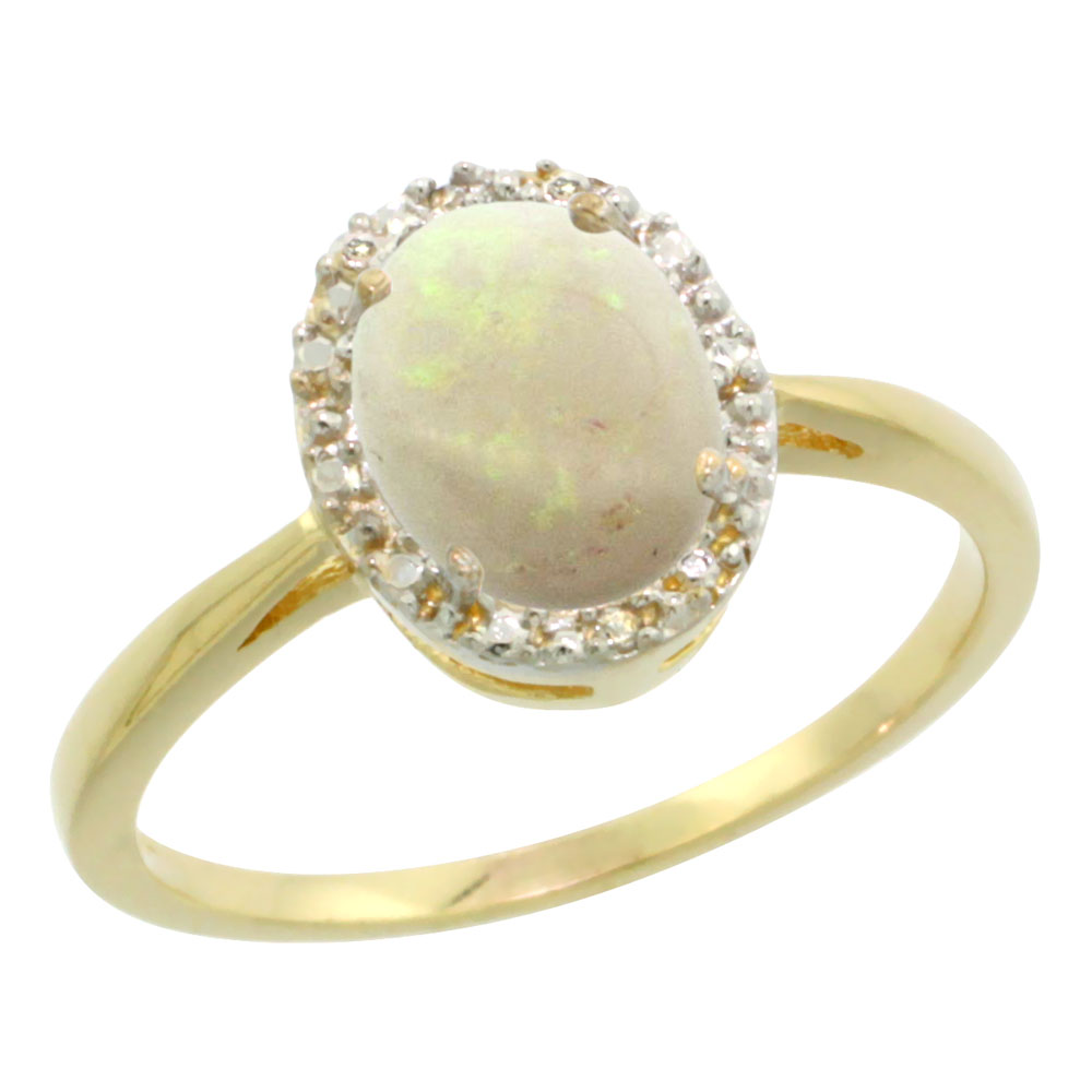 10K Yellow Gold Natural Opal Diamond Halo Ring Oval 8X6mm, sizes 5-10